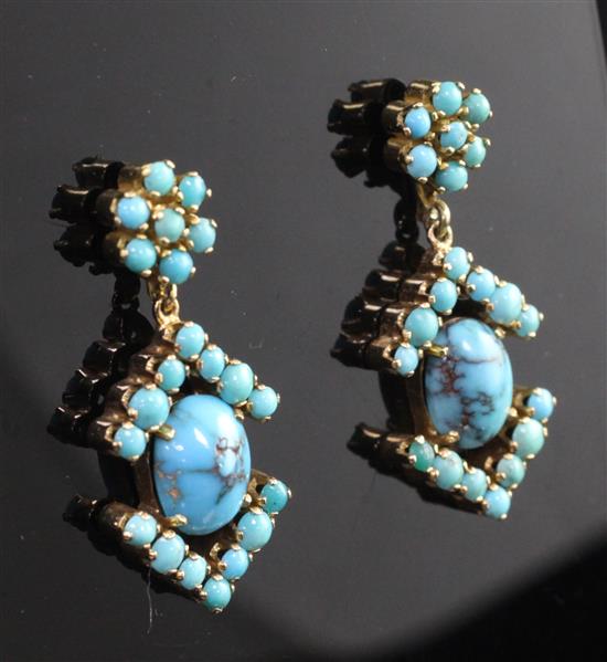 A pair of gold and turquoise set cluster drop earrings, 1.25in.